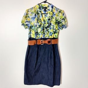 AB Studio Floral & Denim Dress w/ Wide Belt